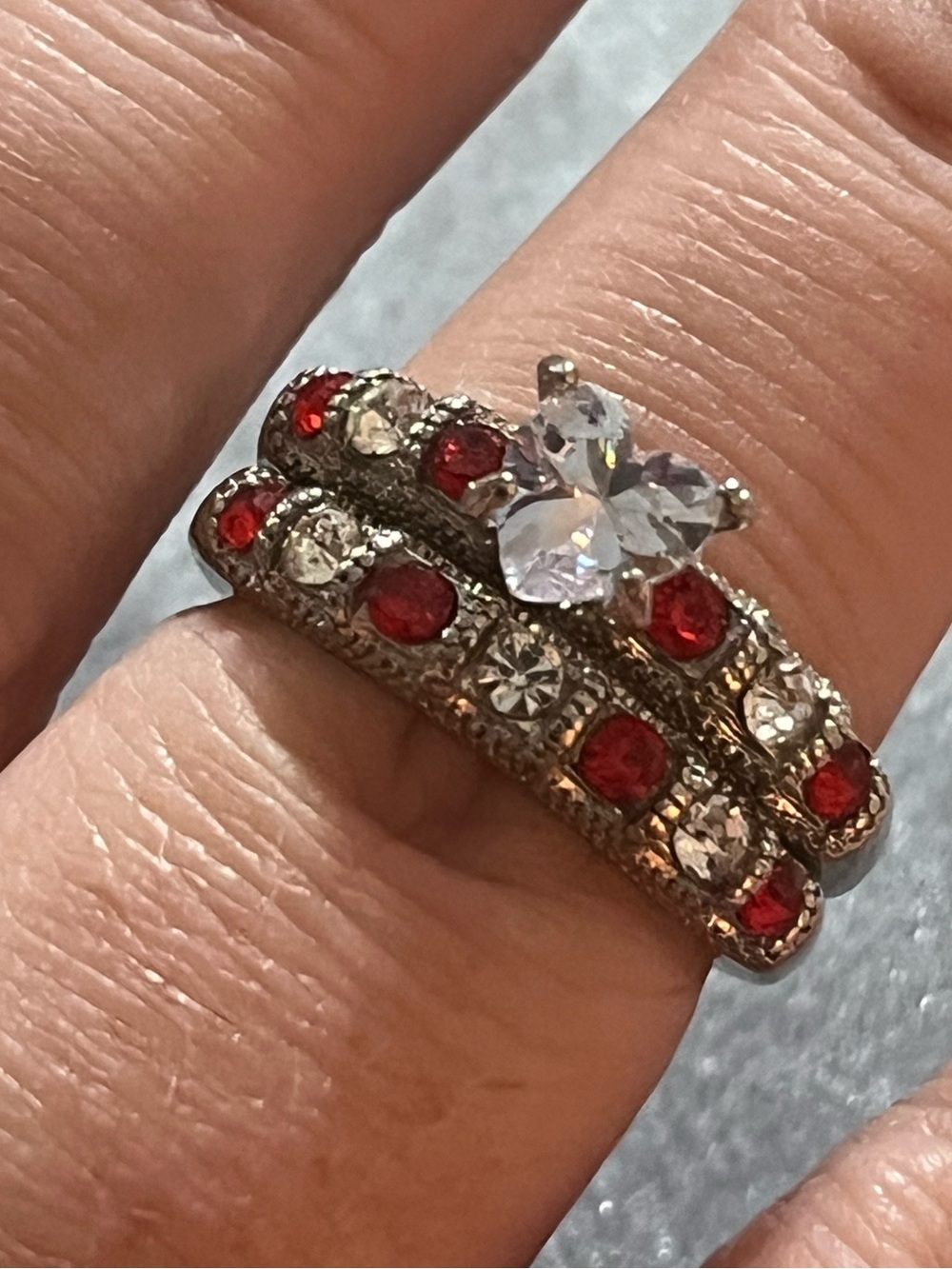 Loverspring Silver Plated Stainless Steel Red Clear Crystal Heart Size 6.5 Set